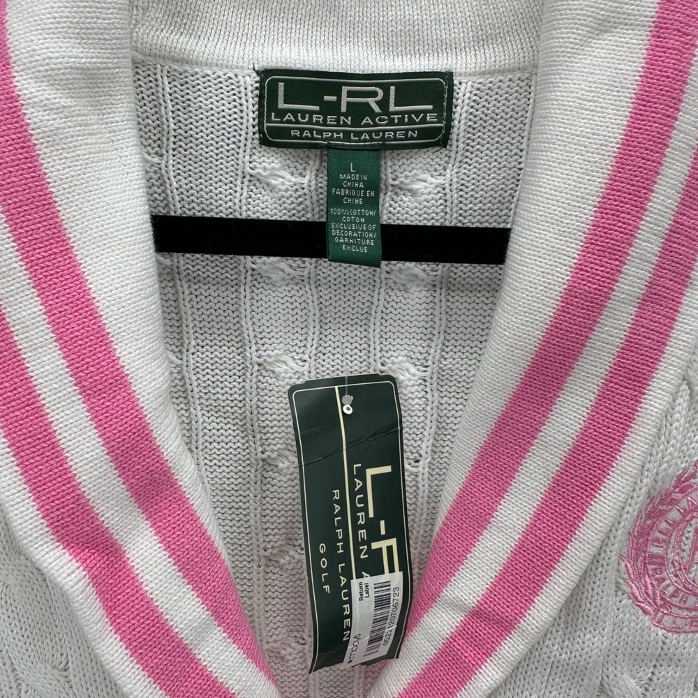 Lauren Ralph Lauren Womens L Cable Knit Cardigan Pink Stripe Crest Heritage NWT - Picture 7 of 10
